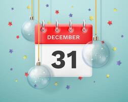 New Year's Eve. Calendar with the date December 31 with festive Christmas tree balls on the background of stars. vector