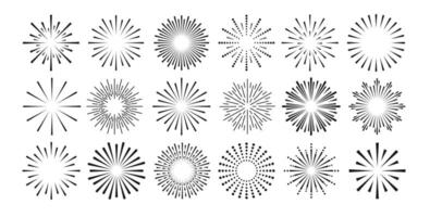Set of round sunburst, line editable sun frame. Radial circle lines. Firework black explosion on white background. Design elements vector