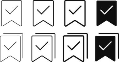 Bookmark with checkmark icon set. Bookmark Confirm Icon. study book favorite page mark symbol. vector