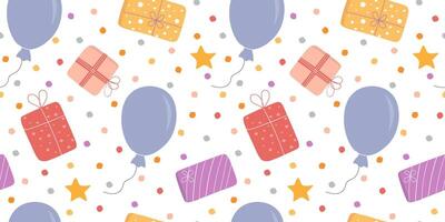 Seamless pattern with gifts and balloons on a confetti background. Festive print. vector