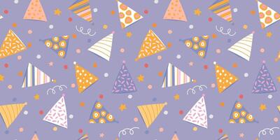 Seamless pattern with festive triangular caps on a confetti background. Joyful cheerful print. vector