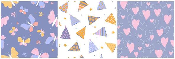 Set of seamless patterns with festive elements, triangular caps, butterflies, hearts. vector