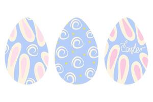 Easter eggs patterned hand drawn ornament, dots, lettering Easter and bunny ears. Set 3 design units. Isolated illustration Card, poster, banner, leaflet, price tag, label, booklet or web promo vector