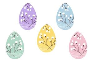 Colorful Easter eggs decorated flowering twigs and strings. Easter Decorative design elements concept. Isolated illustration Thematic cards, blogs and poster, banner, leaflet, tag or web promo vector