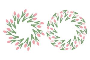 Tulips Circle Frames in trendy in trendy soft pink. Springtime greetings Copy space Templates Set 2. Isolated illustration Cards, poster, leaflets, banner, price tags, label or web promo, blogs vector