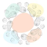 Outline Salmon steak and brussels sprout heads. Circle Frame Border on colorful spots with copy space. Isolated illustration Healthy Eating Thematic cards or blogs, web promo, label, leaflets vector