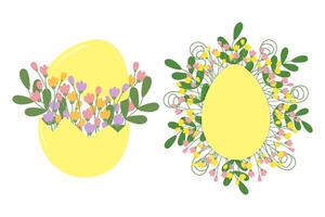 Cracked Egg shell and Egg shaped frame with multicolored blossom twigs and decorative leaves. Set 2. Copy space Isolated illustration Greeting cards, poster, banner, price, labels or web promo vector