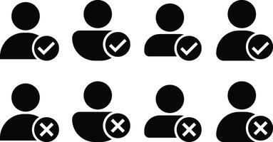 Profile with checkmark icon and crossmark icon set. Verified and unverified account sign. check mark and cross mark symbol. vector