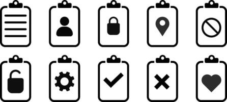 clipboard icon set. Document Checklist sign. To do list. Clipboard with profile, lock and unlocked, settings, location. Document edit icon. vector