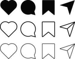 social media interface icon set. Set of social network user interface button. media like, chat, send and save symbols. vector