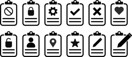 clipboard icon set. Document Checklist sign. To do list. Clipboard with profile, lock and unlocked, settings, location. Document edit icon. vector
