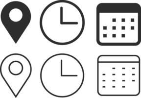 date time location icon set. Calendar icon symbol, clock sign. location pin signs. vector