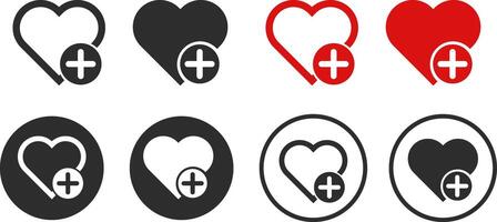 Set of add to wishlist icon. Love with plus symbol. Favorite product concept vector