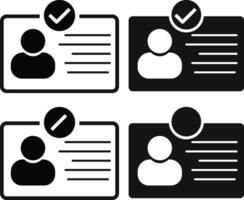 ID card tick mark icon set. Identity verified flat icon symbol. Identity card with check mark. Employee badge vector