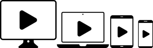 computer, laptop, tablet, mobile, with play icon set. Responsive web design with play icon symbol. Digital device sign. vector