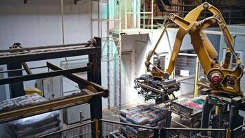 Mechanical robot with artificial intelligence sorts bags on the conveyor. Putting bags from line to the pallet. Process closeup. video
