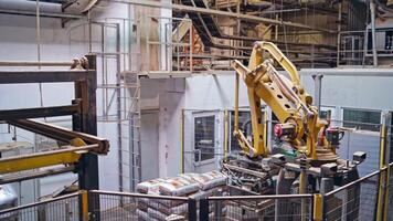Industrial robotic machine in factory. Modern robot collects packed objects. Automated equipment at work. video