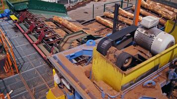 Sawmill. Process of removing bark from logs. Special machinery with conveyor. heavy technic at plant, logging industry. View from the top. video