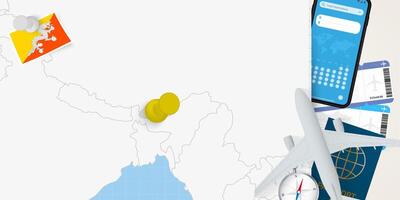 Travel to Bhutan concept, map with pin on map of Bhutan. Vacation preparation map, flag, passport and tickets. vector