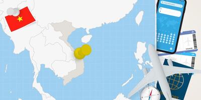 Travel to Vietnam concept, map with pin on map of Vietnam. Vacation preparation map, flag, passport and tickets. vector