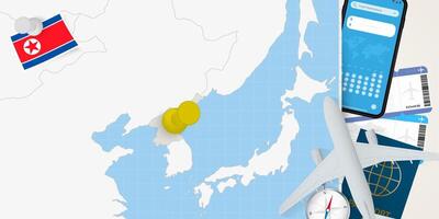 Travel to North Korea concept, map with pin on map of North Korea. Vacation preparation map, flag, passport and tickets. vector
