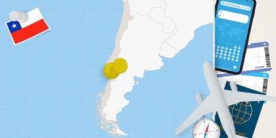 Travel to Chile concept, map with pin on map of Chile. Vacation preparation map, flag, passport and tickets. vector