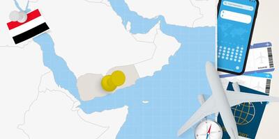 Travel to Yemen concept, map with pin on map of Yemen. Vacation preparation map, flag, passport and tickets. vector