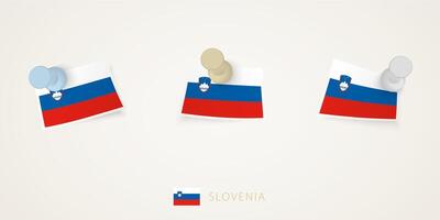 Pinned flag of Slovenia in different shapes with twisted corners. pushpins top view. vector