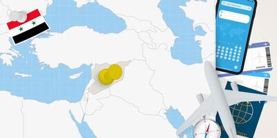 Travel to Syria concept, map with pin on map of Syria. Vacation preparation map, flag, passport and tickets. vector