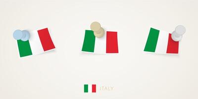 Pinned flag of Italy in different shapes with twisted corners. pushpins top view. vector