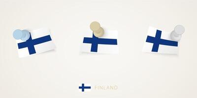 Pinned flag of Finland in different shapes with twisted corners. pushpins top view. vector