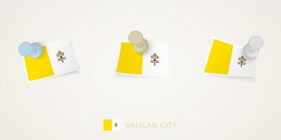 Pinned flag of Vatican City in different shapes with twisted corners. pushpins top view. vector