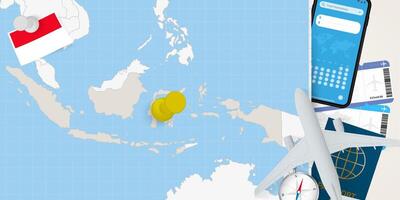 Travel to Indonesia concept, map with pin on map of Indonesia. Vacation preparation map, flag, passport and tickets. vector