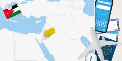 Travel to Jordan concept, map with pin on map of Jordan. Vacation preparation map, flag, passport and tickets. vector
