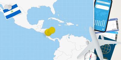 Travel to Nicaragua concept, map with pin on map of Nicaragua. Vacation preparation map, flag, passport and tickets. vector