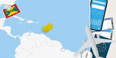 Travel to Grenada concept, map with pin on map of Grenada. Vacation preparation map, flag, passport and tickets. vector