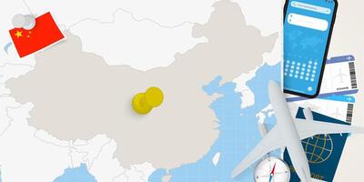 Travel to China concept, map with pin on map of China. Vacation preparation map, flag, passport and tickets. vector