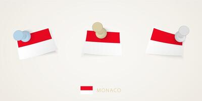 Pinned flag of Monaco in different shapes with twisted corners. pushpins top view. vector