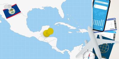 Travel to Belize concept, map with pin on map of Belize. Vacation preparation map, flag, passport and tickets. vector