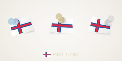 Pinned flag of Faroe Islands in different shapes with twisted corners. pushpins top view. vector