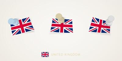Pinned flag of United Kingdom in different shapes with twisted corners. pushpins top view. vector