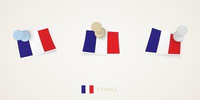 Pinned flag of France in different shapes with twisted corners. vector