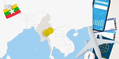 Travel to Myanmar concept, map with pin on map of Myanmar. Vacation preparation map, flag, passport and tickets. vector