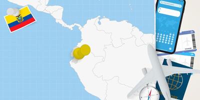 Travel to Ecuador concept, map with pin on map of Ecuador. Vacation preparation map, flag, passport and tickets. vector
