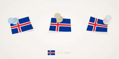 Pinned flag of Iceland in different shapes with twisted corners. pushpins top view. vector