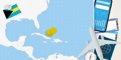 Travel to The Bahamas concept, map with pin on map of The Bahamas. Vacation preparation map, flag, passport and tickets. vector