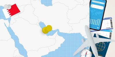 Travel to Bahrain concept, map with pin on map of Bahrain. Vacation preparation map, flag, passport and tickets. vector