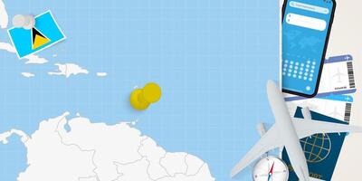Travel to Saint Lucia concept, map with pin on map of Saint Lucia. Vacation preparation map, flag, passport and tickets. vector