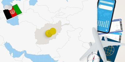 Travel to Afghanistan concept, map with pin on map of Afghanistan. Vacation preparation map, flag, passport and tickets. vector