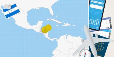 Travel to Honduras concept, map with pin on map of Honduras. Vacation preparation map, flag, passport and tickets. vector